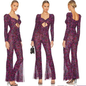 Women's $370 MISA Purple Floral Mesh Long Sleeve Jumpsuit S
